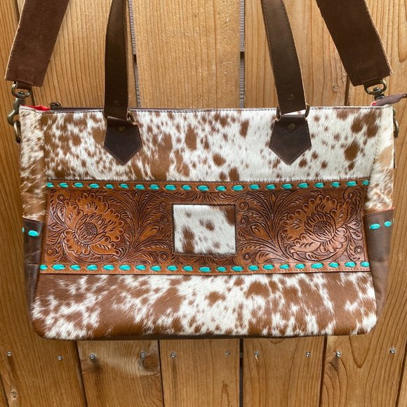 Cowhide Tooled Leather Tote Bag - Picture 5 of 6